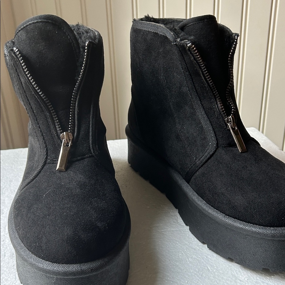 Rouge Helium Platform Black Suede Ankle Boots ZipUp front faux fur lined size 8 - Picture 17 of 17